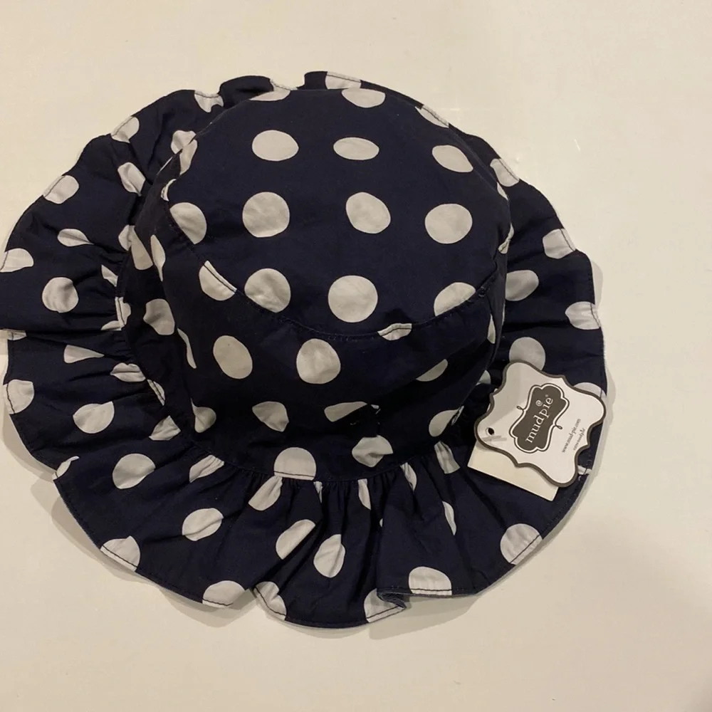 MUD PIE TODDLER SUN HAT NAVY AND WHITE POKKA DOTS NWT